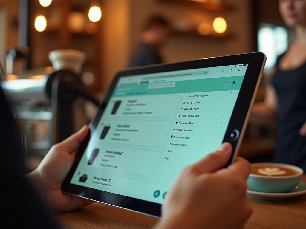 Руки держат планшет с интерфейсом для выбора позиций, на заднем плане кафе.