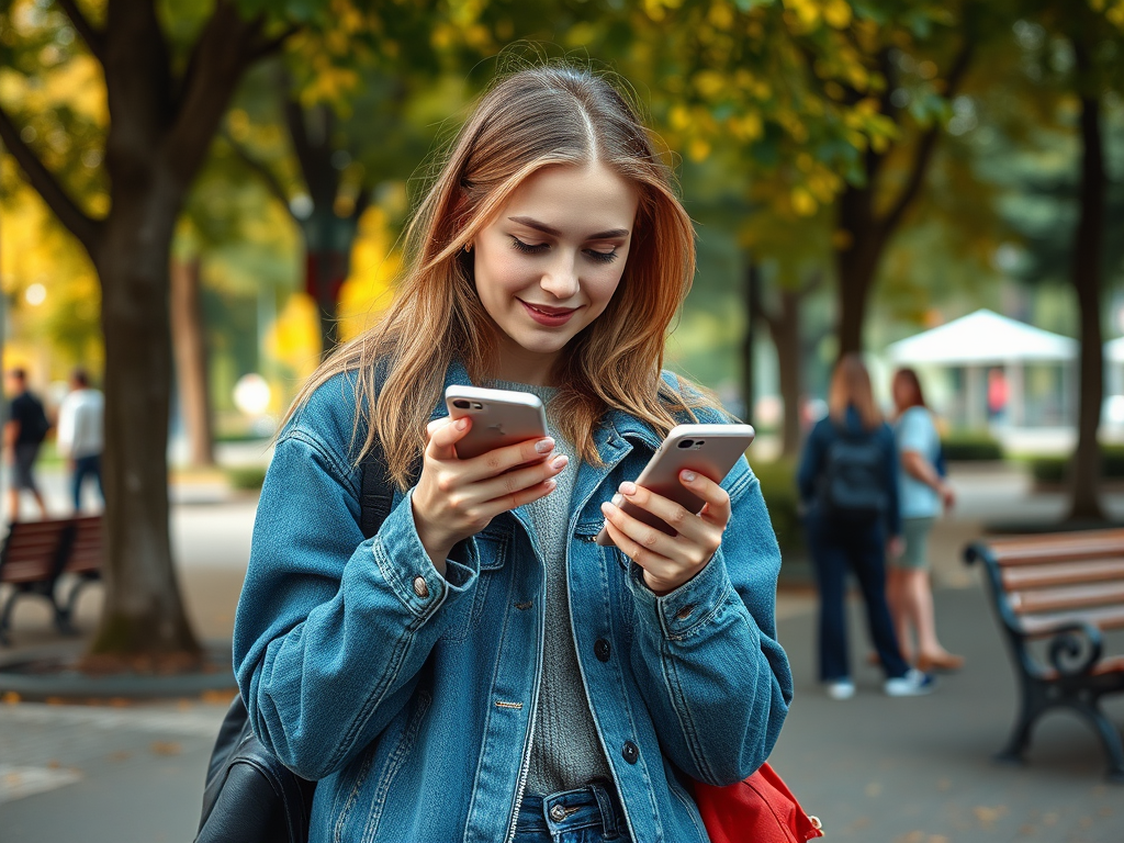 На фото девушка в джинсовой куртке, улыбающаяся, держа в руках два смартфона на фоне парка.