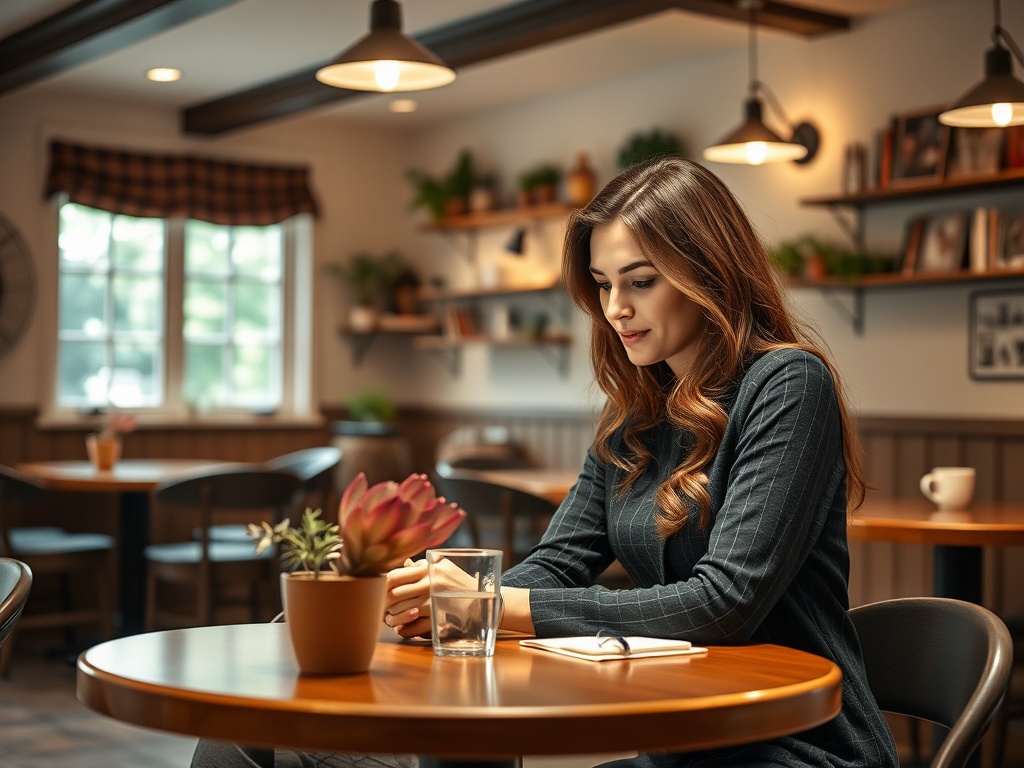 Молодая женщина сидит за столом в кафе, погружённая в свои мысли с блокнотом и стаканом воды.
