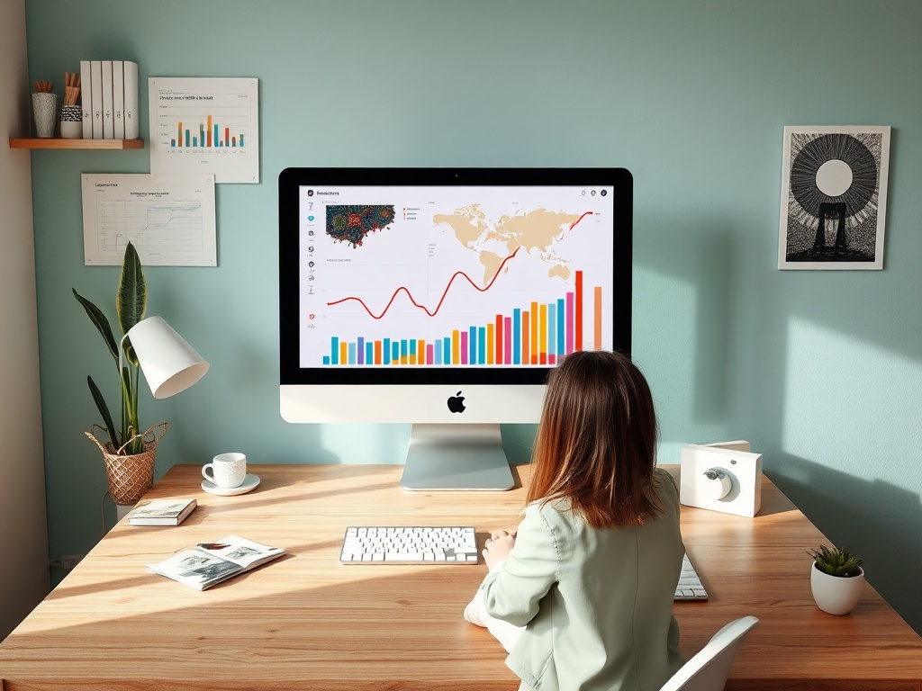 На изображении женщина работает за столом с компьютером, на экране - графики и аналитика данных.