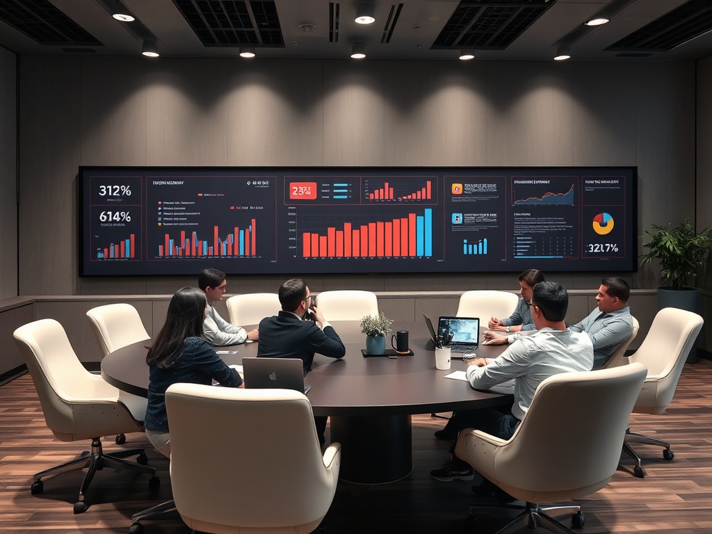 В конференц-зале группа людей обсуждает графики и данные, отображенные на большом экране.