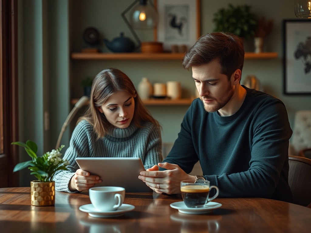 Девушка и парень смотрят на планшет в уютном кафе, рядом чашки с кофе и растение в горшке.