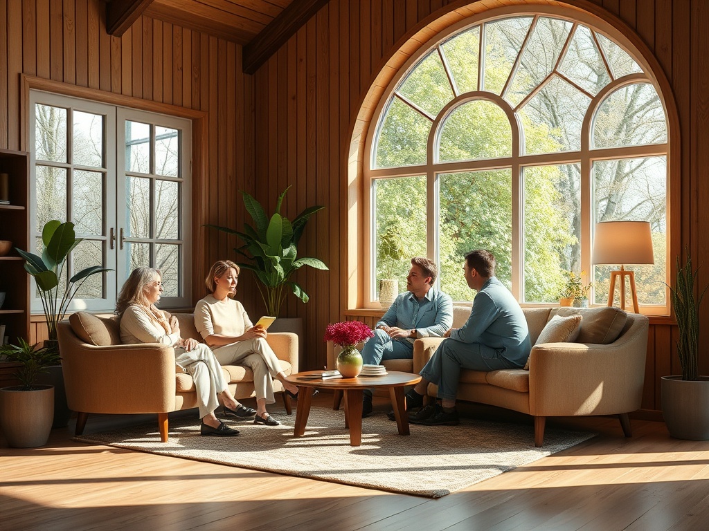В уютной комнате четверо людей беседуют у окна, наполненного светом и зелеными растениями.