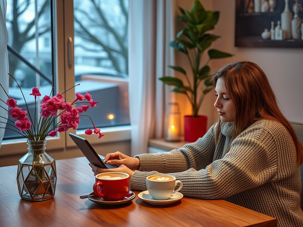 Девушка с планшетом сидит за столом с чашкой кофе и цветами на фоне окна. Уютная обстановка.