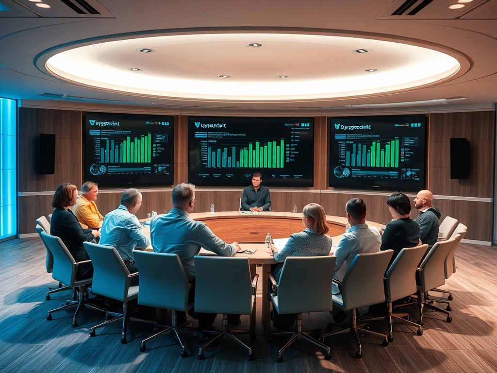 На собрании в современном офисе семь человек обсуждают графики на экранах. В центре стол.