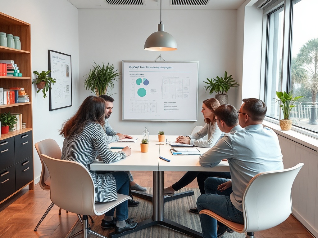 Группа людей на деловой встрече за столом в офисе, обсуждающая идеи у окна с зелеными растениями.