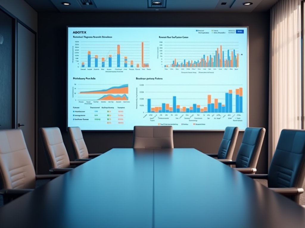 В офисной комнате с конференц-столом и экраном с графиками и данными отчета.